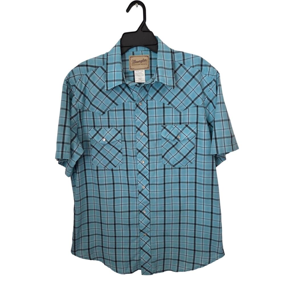 Wrangler Western Men's Pearl Snap Button Down‎ Shirt Size Large Blue Plaid